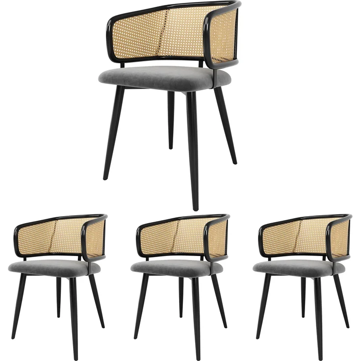 4 Esszimmerstühle mit Rattan-Rückenlehne & Samtkissen, 47x47x79 cm, Grau – Bild 4