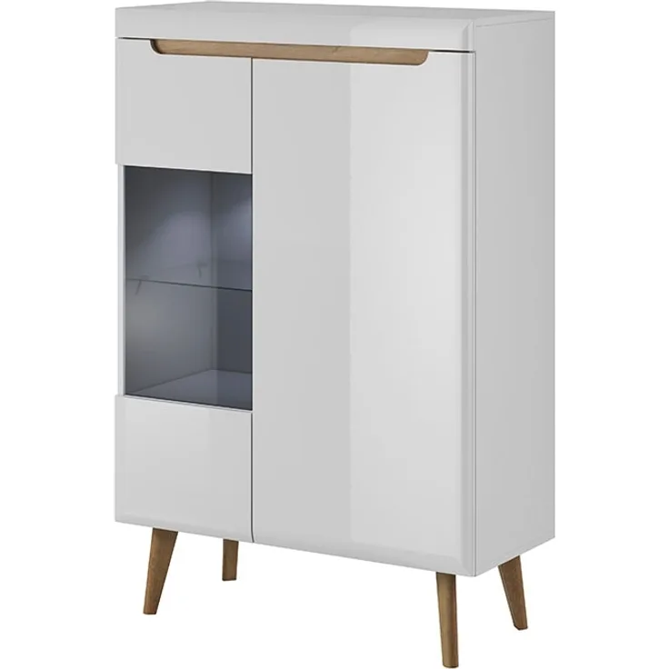 Highboard Nordi Vitrinenschrank 90cm weiß Hochglanz riviera eiche MDF grifflos
