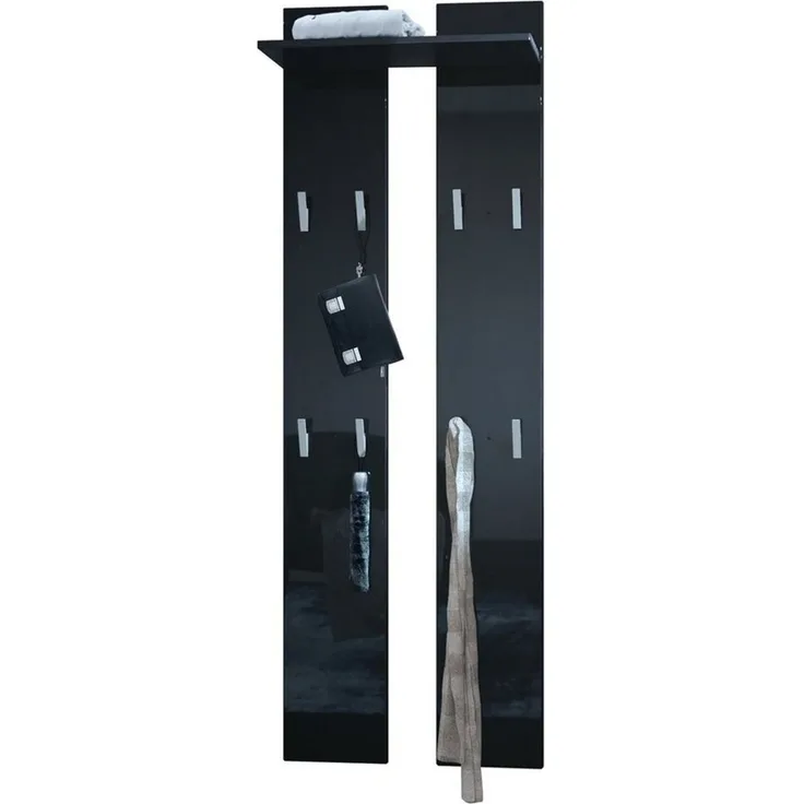 Vladon Wandpaneel 170, Garderobenpaneel bestehend aus 2 Paneelen und 1 Ablagefläche, Schwarz Hochglanz (58 x 170 x 21 cm)
