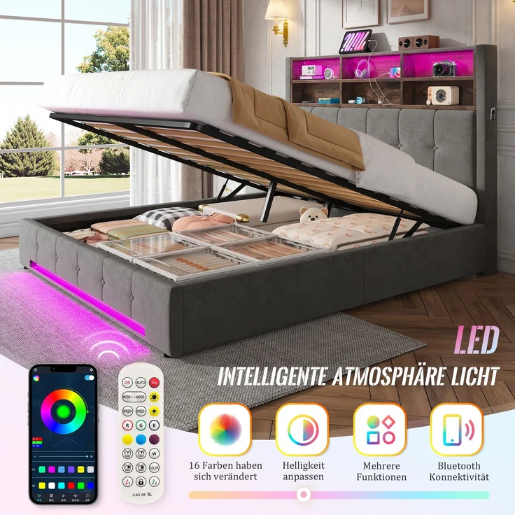 TavilaEcon Polsterbett mit Bettkasten und USB-C-Anschluss grau Liegefläche 160 × 200 cm – Bild 3