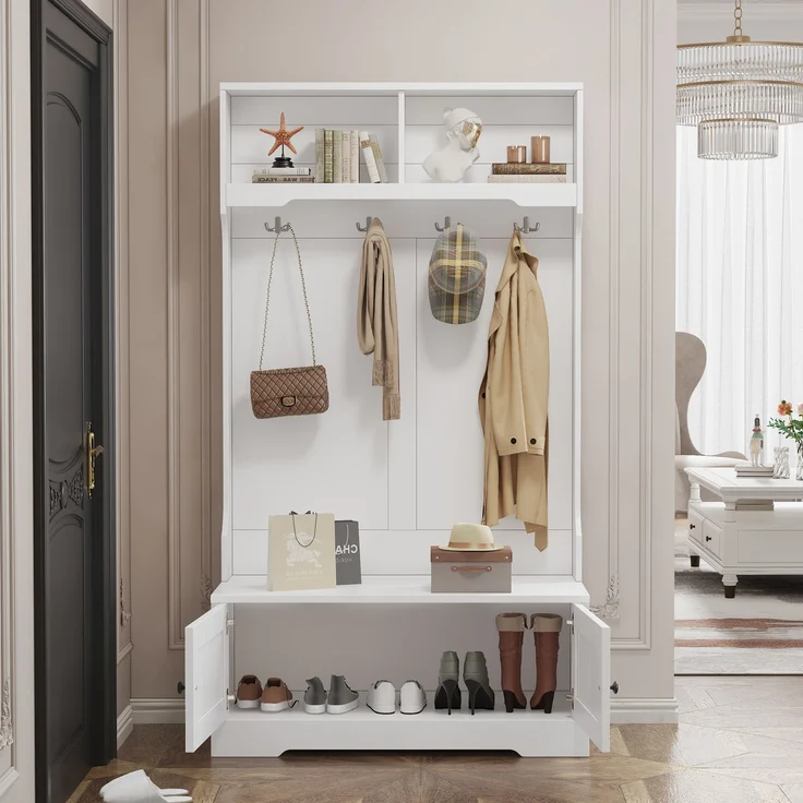 Schrank mit integrierter Sitzbank, Stauraum, Silent Soft-Close Türen, offenen Fächern und 4 Haken – Bild 2