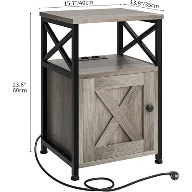 YITAHOME Beistelltisch, Nachttisch mit Kabinett, X-förmiger Couchtisch mit Ladestation, 2 USB-Anschlüssen und Steckdosen, Nachtkommode für Wohnzimmer, Metallrahmen, Schlafzimmer, Metallrahmen, Grau – Bild 3