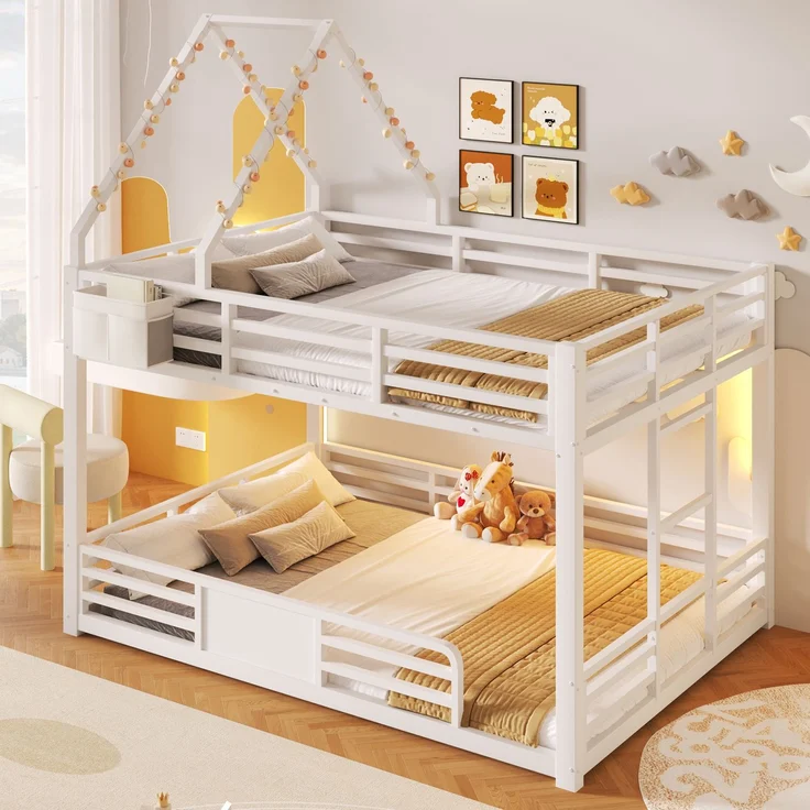 EINHOM 140x200 cm Etagenbett aus Metall mit LED-Beleuchtung, Hausbett-Design, DIY-Dachrahmen, Stofftaschen-Aufbewahrung & Sicherheitsgeländer, Weiß (Ohne Matratze) – Bild 3