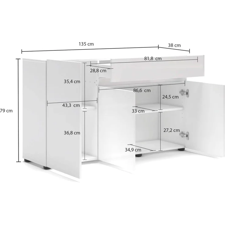 Dmora - Kommode Brits, Wohnzimmerbuffet, Wohnzimmer-Sideboard, Moderne Küchen-Speisekammer, Made in Italy, 135x38h79 cm, Glänzendes Weiß – Bild 2