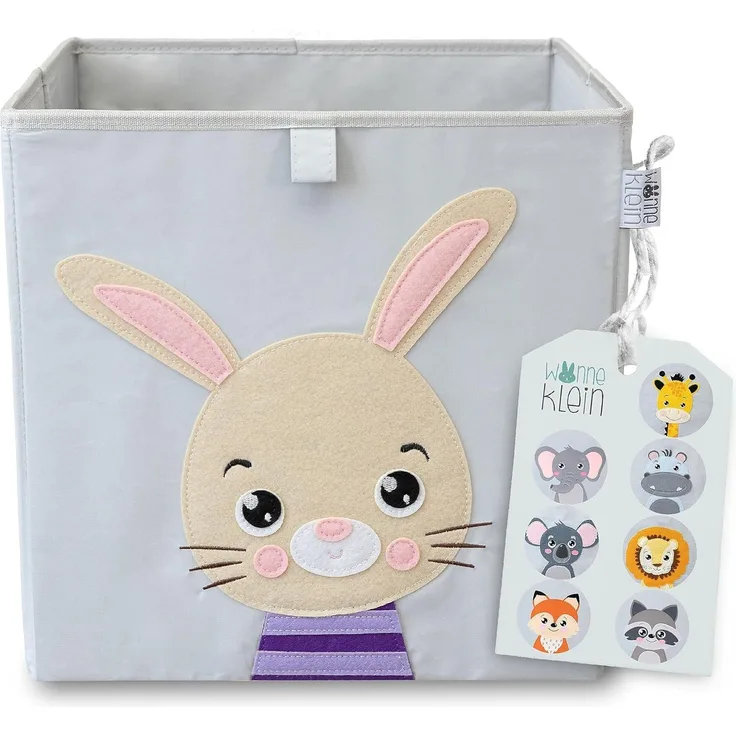 wonneklein Aufbewahrungsbox Kinder grau I extra stabile Spielzeugkiste für Kinderzimmer I Box (33 x 33 x 33 cm) zur Aufbewahrung I graue Ordnungsbox mit Tier Motiv (Henry Hoppel)