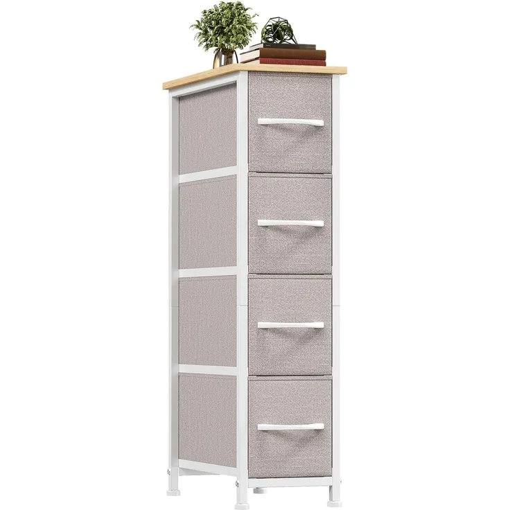 Somdot Kommode mit Schubladen, Kommode Schmal Schlafzimmer Wohnzimmer Flur, Komodenschrank Schubladenschrank Aufbewahrungsschrank Stoffkommode, 4 Stoffschubladen, Ashgrau, 48T x 20B x 75H cm