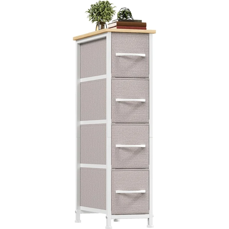 Somdot Kommode mit Schubladen, Kommode Schmal Schlafzimmer Wohnzimmer Flur, Komodenschrank Schubladenschrank Aufbewahrungsschrank Stoffkommode, 4 Stoffschubladen, Ashgrau, 48T x 20B x 75H cm – Bild 1