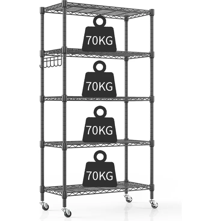 Himimi 5-Draht-Regal mit Rollen, Metall-Aufbewahrungsregal, höhenverstellbar, stehendes Aufbewahrungsregal für Waschküche, Badezimmer, Küche, Speisekammer, Schrank, 76 x 35 x 158 cm, Schwarz