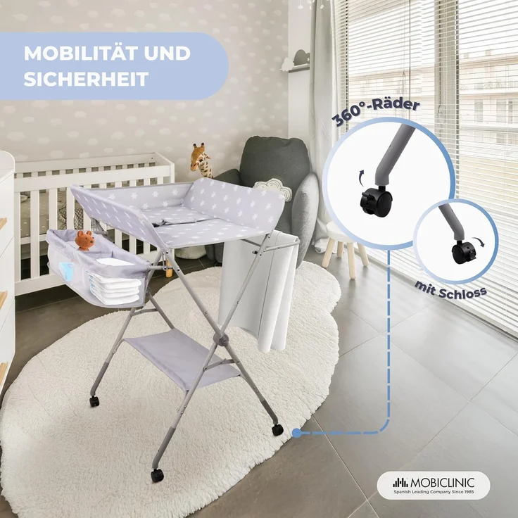 Mobiclinic®, Wickeltisch, Klappbar, Höhenverstellbar, Bis zu 15 Kg, 0–36 Monate, Windel-Organizer, 360°-Räder mit Bremse, Gurt und Sicherheitszaun, Waschbarer Bezug, Aufbewahrung, Zoey – Bild 8