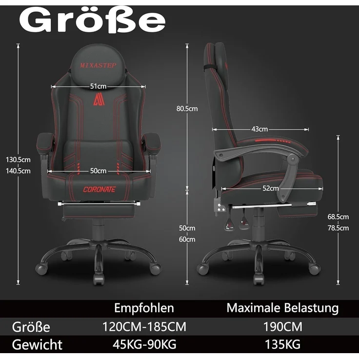 Gaming Stuhl Ergonomisch 360° Drehfunktion Rot Bürostuhl 150KG Homeoffice – Bild 3