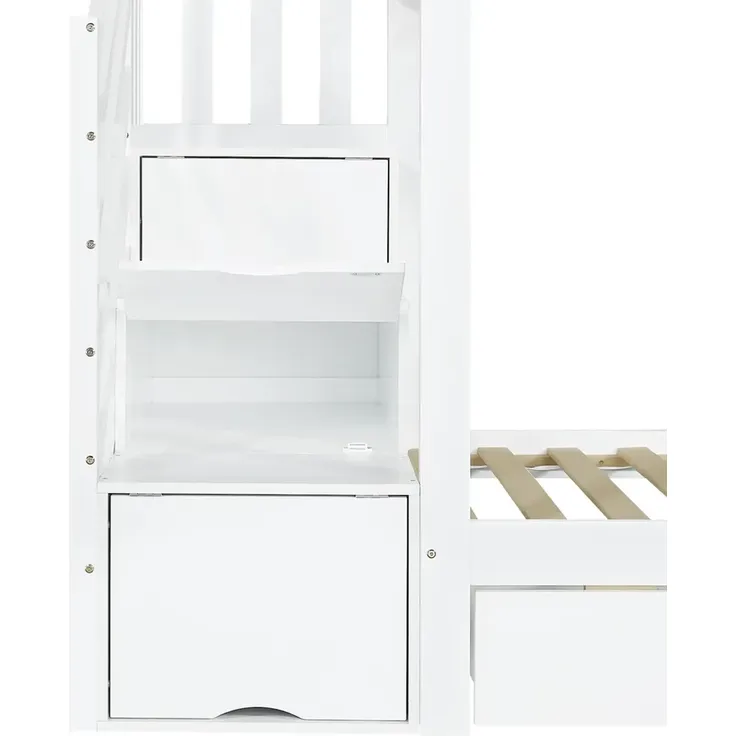 Etagenbett mit 2 Liegeflächen, Rutsche, Treppe, Regal, Schubladen, Stauraum und Rausfallschutz, 90x200cm, Kinderbett, Jugendbett, Kiefer – Bild 9