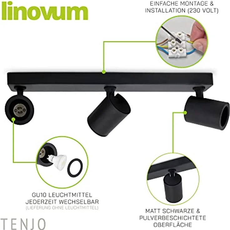 linovum LED Aufbaustrahler TENJO Deckenstrahler 3 flammig schwarz Spots drehbar & schwenkbar, Leuchtmittel nicht inklusive – Bild 4