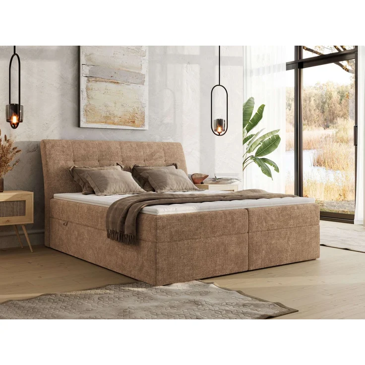 Boxspringbett DAGOS 180 x 200 cm mit Kopfteil, Lattenrost und Stauraum – Doppelbett mit Matratze & Topper T25 , stabile Konstruktion, Bettkasten, modernes Design - Hellbraun Schenille grob gewebt - H3 – Bild 1