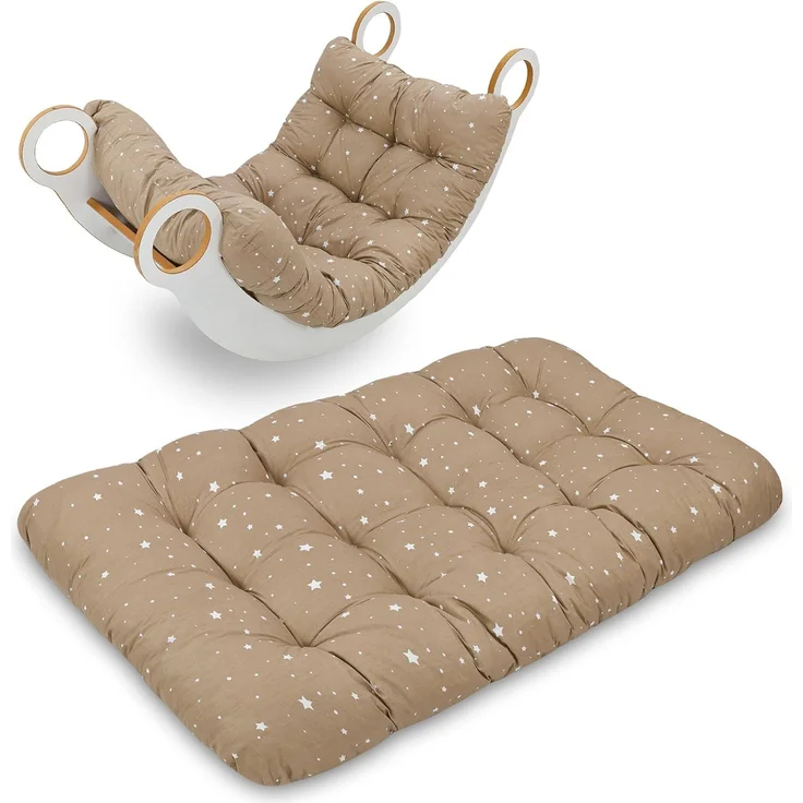 Krabbeldecke für Baby Kissen für Kletterbogen 60x120 cm - Bodenkissen Kinder Matte für Montessori Spielbogen Wippe Kletter Bogen Polster Spieldecke für Kinderzimmer Beige mit Weiß Sternen – Bild 1