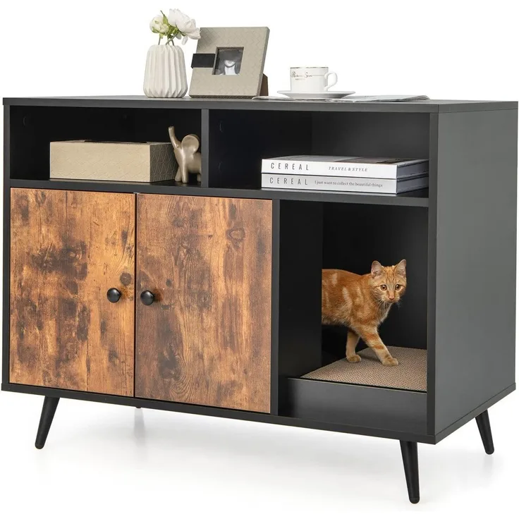 KOMFOTTEU Tierhaus 2 in 1 Katzenschrank, mit Doppeltüren, 90 x 50 x 70 cm