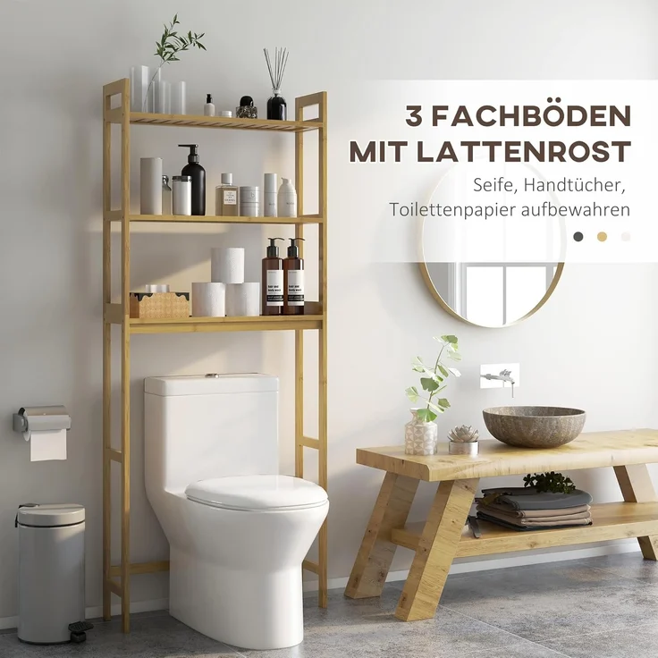 Kleankin Badregal Toilettenregal 3-stöckiges Badezimmerregal, Standregal mit Kippschutz, Aufbewahrungsregal 1-tlg, für Badezimmer, Bambus, Natur, 68 x 20 x 165 cm – Bild 4