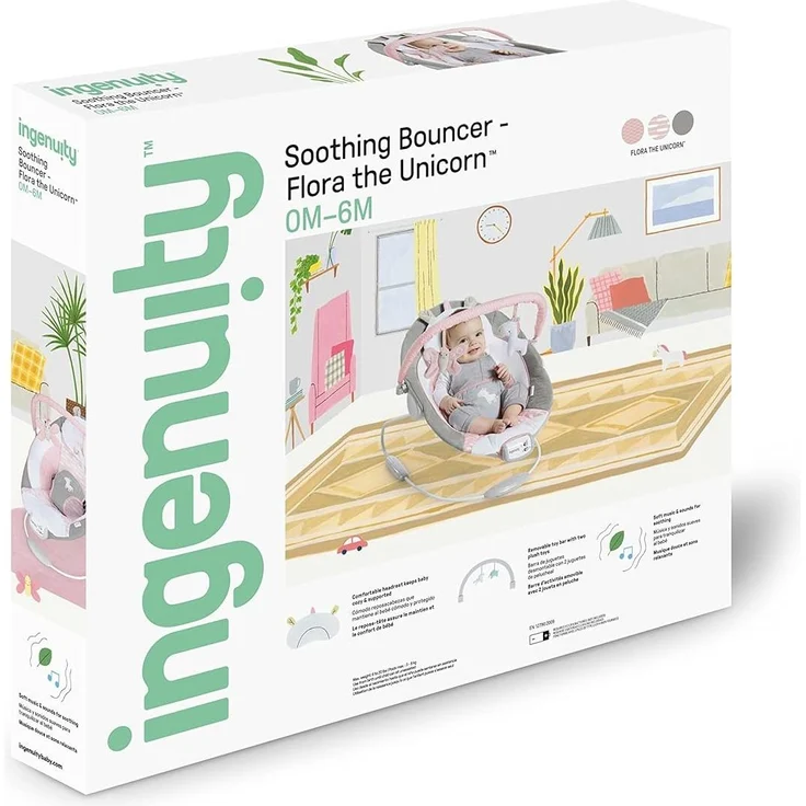 Ingenuity, Babywippe mit Vibration und 8 Melodien, Flora the Unicorn - abnehmbare spielbogen, gepolsterter Kopfstütze, Sicherheitsgurt, Babysitz ,Lautstärkeregler, grau / rosa, ab der Geburt bis 9kg – Bild 8