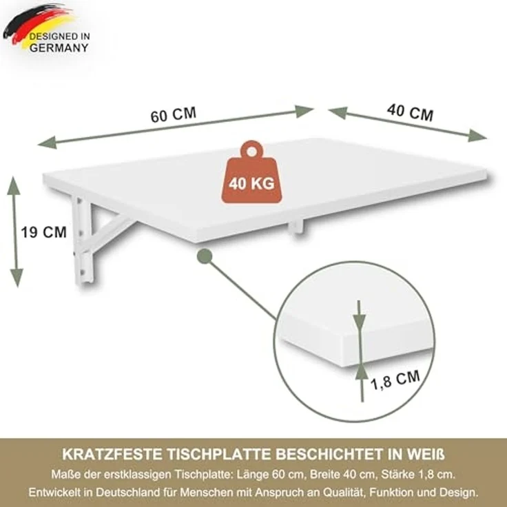 KDR Produktgestaltung Klapptisch 60x40 Wandklapptisch Esstisch Küchentisch Schreibtisch Wand Tisch, Weiß – Bild 2