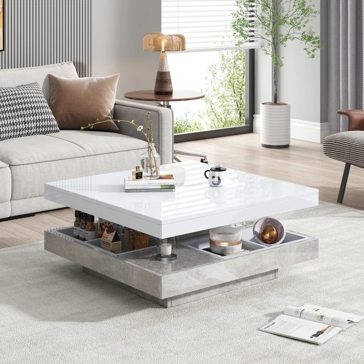 Couchtisch 70 x 70 x 36 cm, moderner Hochglanz-Wohnzimmertisch in Weiß mit marmorfarbenem Sockel – Bild 6