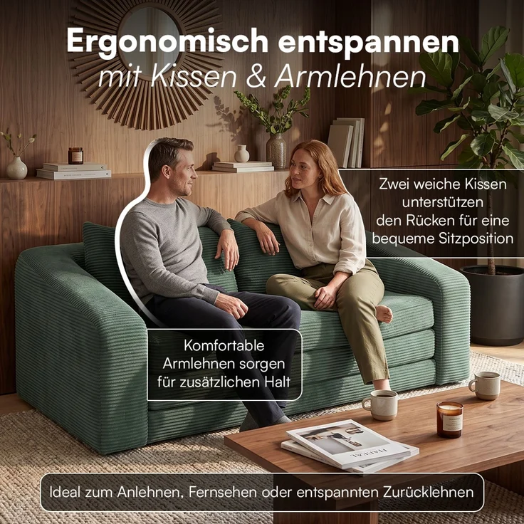 skølm 'Fjäll' Schlafsofa 2 Sitzer mit 2 Kissen, dunkelgrün, Cordsofa ausklappbar, mit Liegefunktion, vakuumverpackt ohne Aufbau – Bild 8