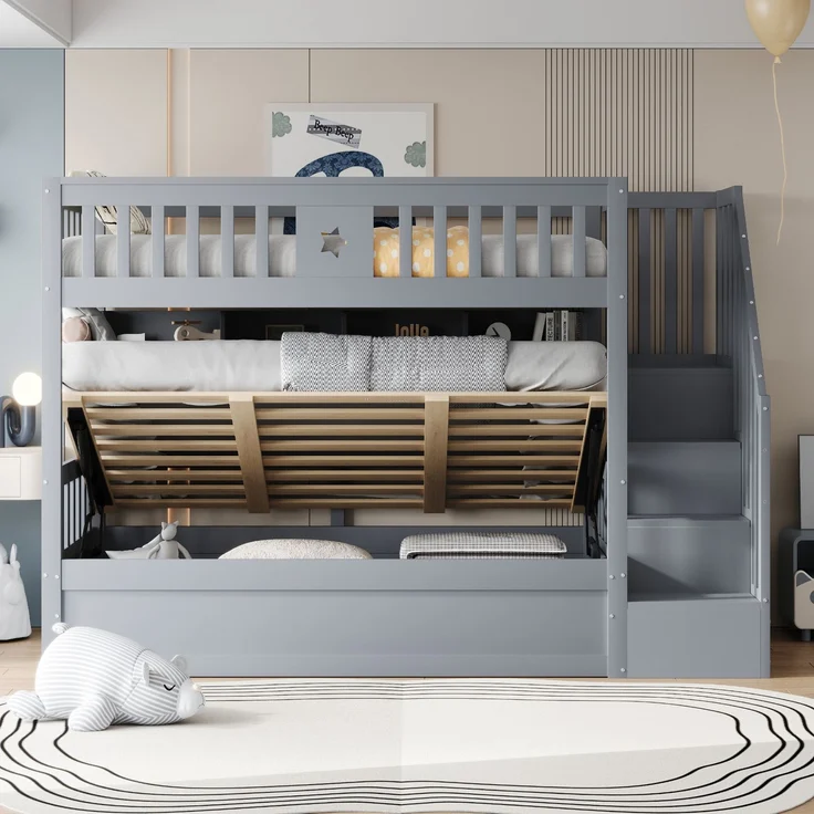 ZUBALIYA Bettgestell für Matratzen 253 x 95 x 151 cm, Bettgestell aus Holz, als Schlafplatz für Schlafzimmer und Gästezimmer, Grau – Bild 13