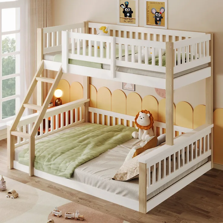 Bett 90x200+140x200 cm mit Leiter und Bettgitter – Kiefernholz, Weiß/Natur