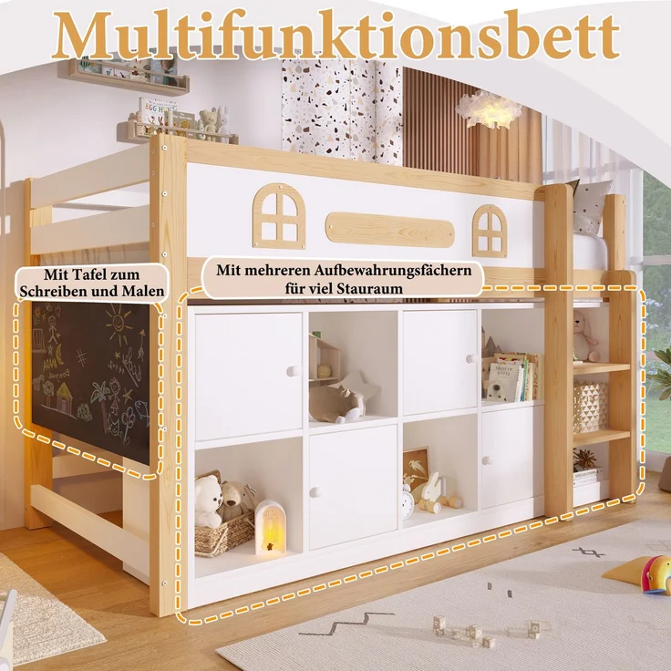 ZUBALIYA Halbhohes Bett, mit Ablagefächern und Leiter und Kreidetafel, Maße 90 x 200 cm, Weiß und Natur, Stockbett, fürs Schlafzimmer, Samt – Bild 7