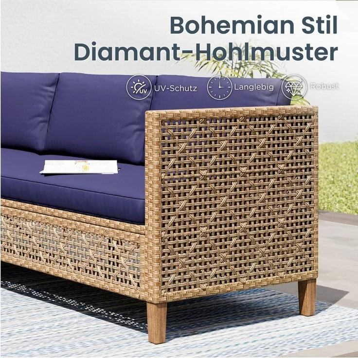 PHI VILLA Gartenlounge-Set, (1 Zweisitzer-Sofa, 1 Chaiselongue und 1 Kleiner Couchtisch, PE Rattan Lounge Möbel Outdoor), 4 Personen Terassenmöbel Außen Gartensofa, Beige und Dunkelblau – Bild 2