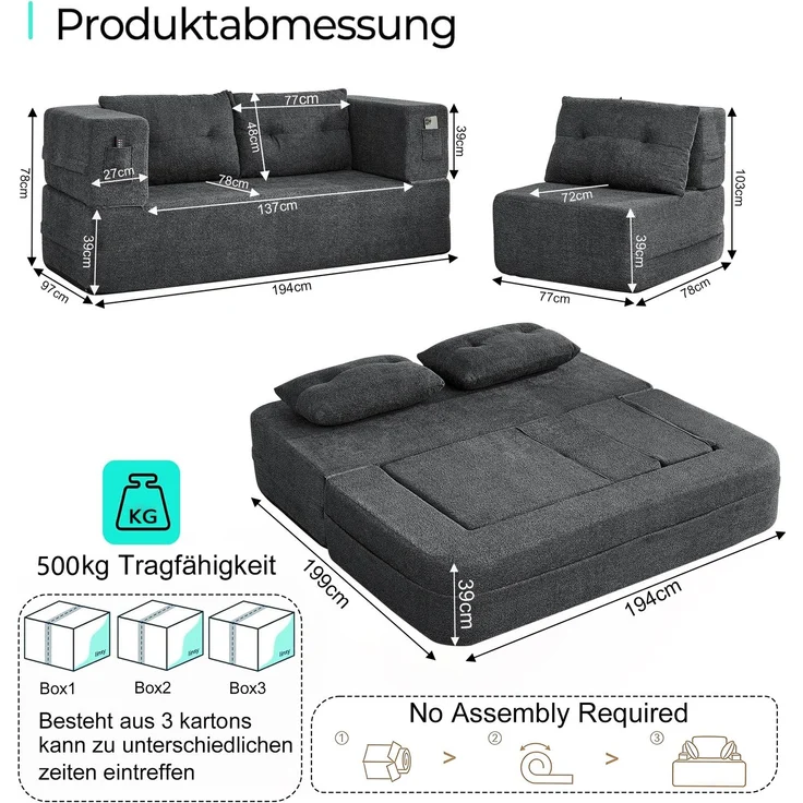 ZUBALIYA SchlafSofa mit breiten Armlehnen, modular aufgebaut, ohne aufwendige Montage, für Wohnzimmer und Apartments, Dunkelgrau – Bild 12
