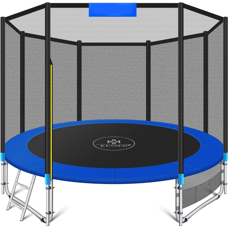 KESSER® - Trampolin | TÜV Rheinland GS Zertifiziert | Komplettset mit Sicherheitsnetz, Leiter, Randabdeckung, Seitentasche & Zubehör | Kindertrampolin Gartentrampolin Belastbarkeit 150 kg Blau, 427 cm – Bild 1