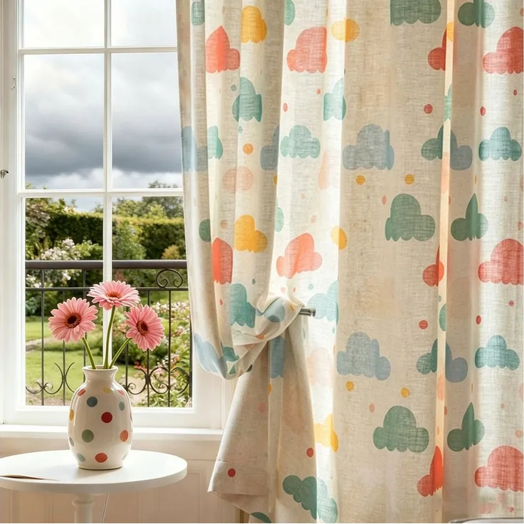 LMaxhome Gardine Kindergardine mit Wolkenmotiv halbtransparent 2er Set Leinenoptik (2 St), Voilevorhang mit Multifunktionsband für helle Kinder- und Spielzimmer