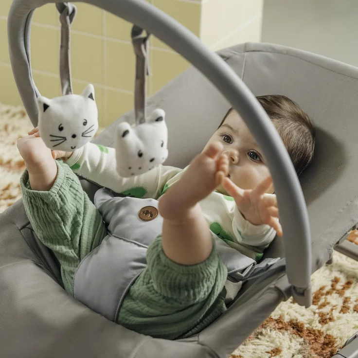 Bebeconfort Aster, Babywippe, 0–2 Jahre, Leichtgewicht (2,7 kg), ultra-kompakt zusammenklappbar, verstellbare Rückenlehne, Polsterkissen, abnehmbarer Spielbogen, 3-Punkt-Gurt, Tinted Graphite – Bild 8