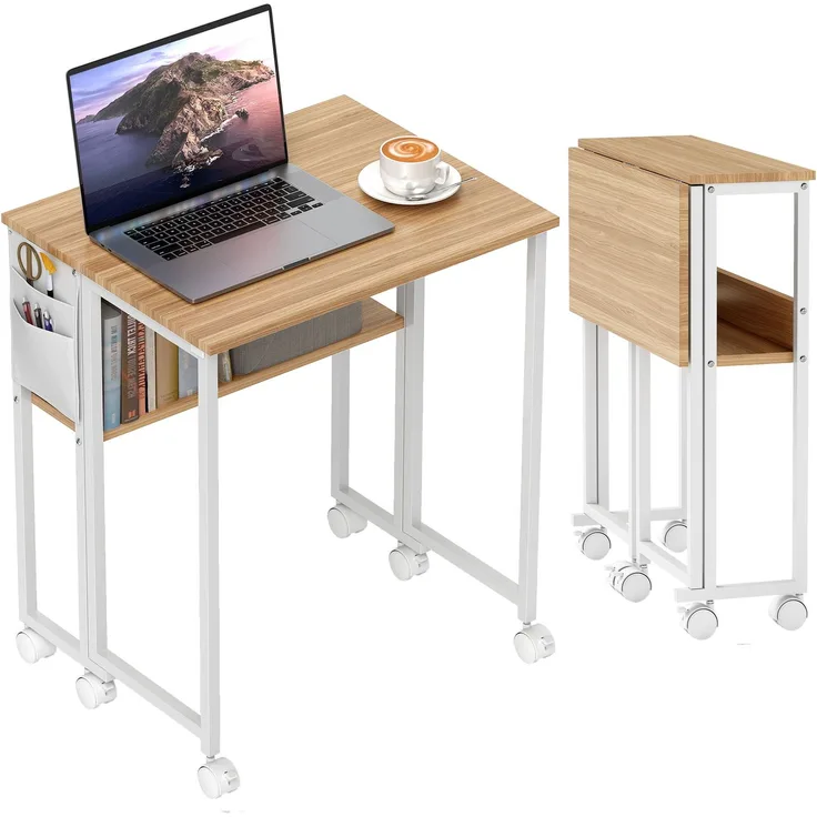 MELAYR, Faltbarer Schreibtisch, zum Beistelltisch umwandelbar, offenes Regal, Natur, 63 x 50 x 75 cm, Naturholz