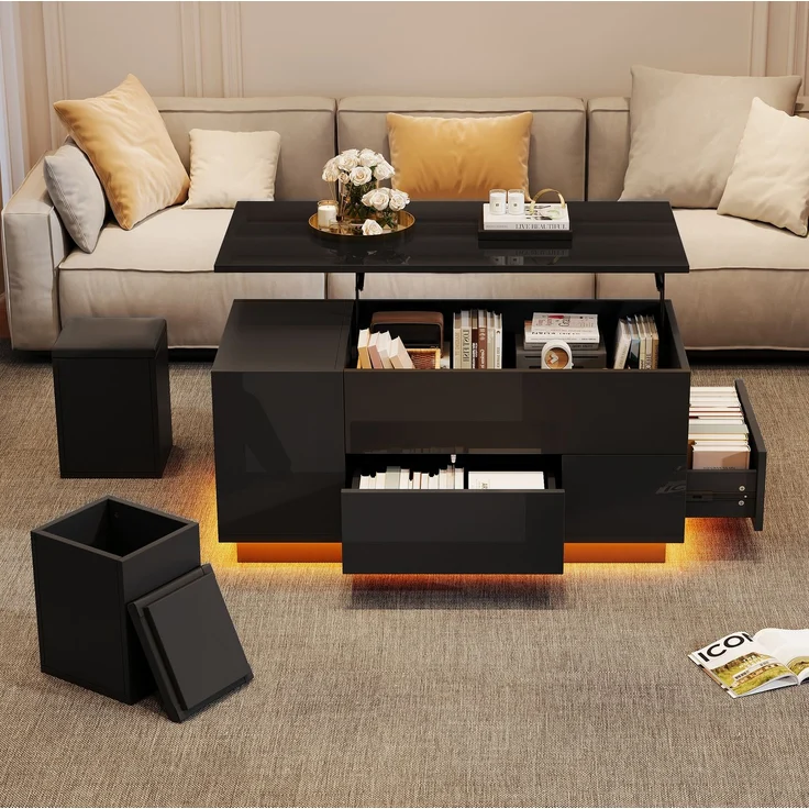 Couchtisch aus Spanplatte mit Hubfunktion, LED, Stauraum & 2 Hockern, 100x50x45 cm, Schwarz – Bild 4