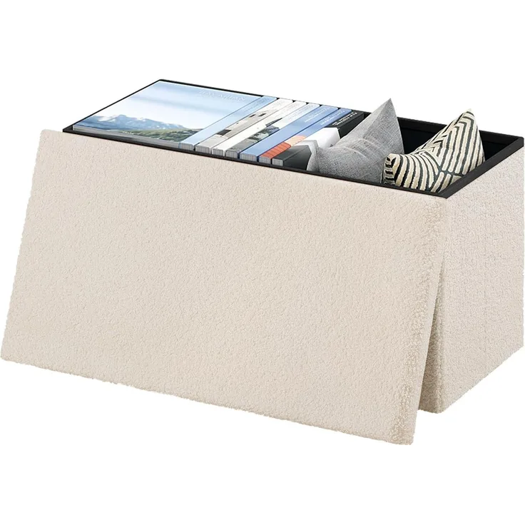 eSituro Sitzbank mit Stauraum, Faltbarer Sitzhocker, Truhenbank mit Deckel, Sitztruhe, Fußhocker, Aufbewahrungstruhe, Polsterbank aus Teddyfleece, 80 L, 300 kg belastbar, 76 x 37 x 38 cm, Beige, SOM0214