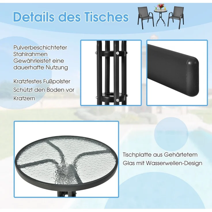 3tlg. Balkonmöbel Set Bistrotisch mit 2 Stapelbare Stühlen Balkonset Gartenset Gartengarnitur – Bild 4