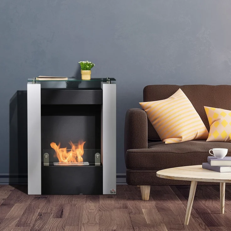 JARDJ Bioethanol-Kamin mit 0,9-Liter-Brenner und Ablagefläche aus gehärtetem Glas, 60 x 20 x 79 cm, Stahl, schwarz-weiß – Bild 3