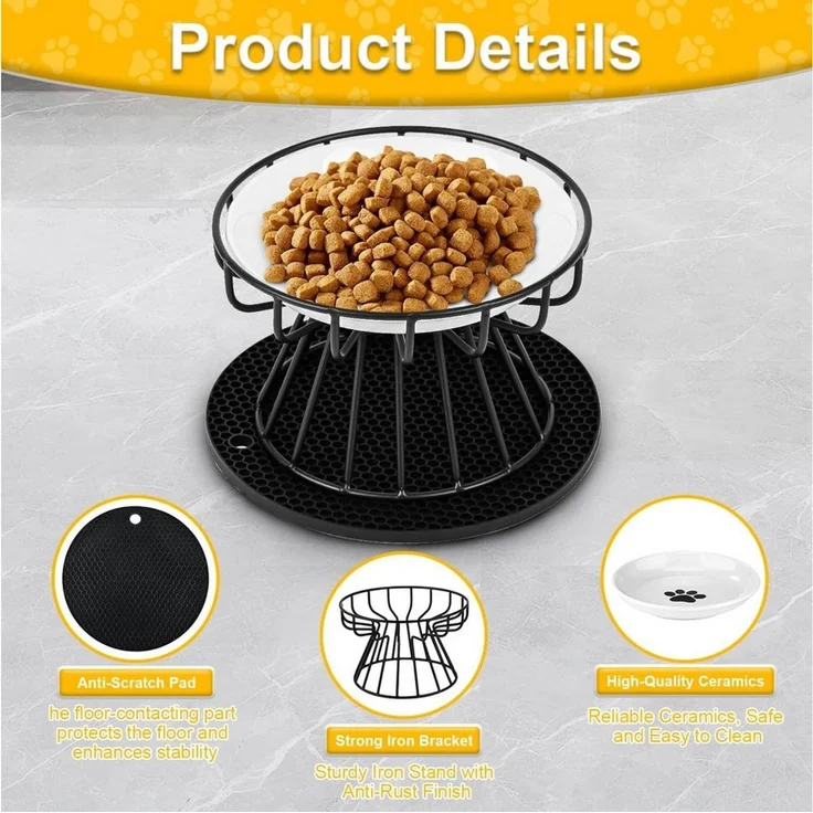 ibettertec Futternapf Katzennapf Erhöht, 2 Stück Katzennapf aus Keramik, mit Napfunterlage Silikon Und Metallständer, Zervixschutz-Katzennapf, 15 cm Durchmesser,10cm Metallständer – Bild 3