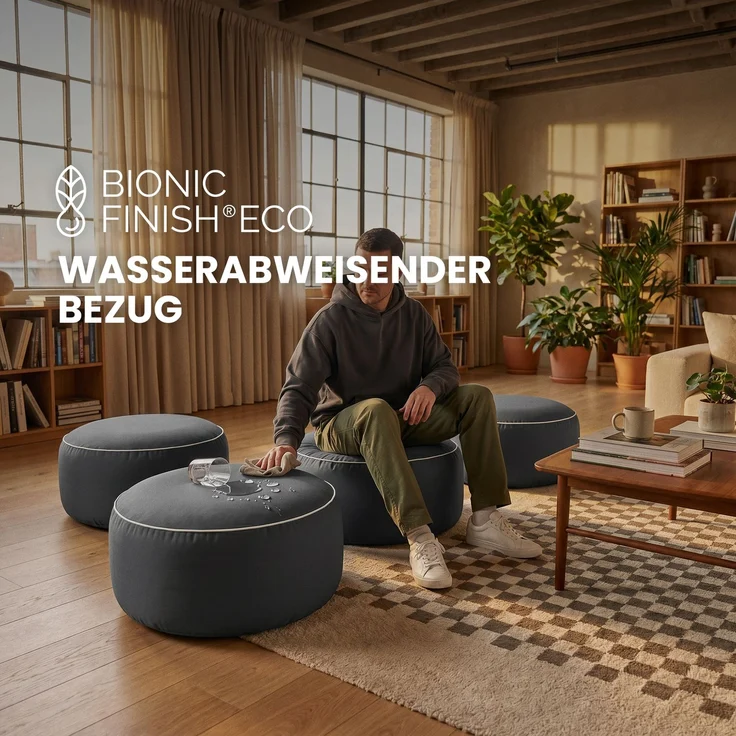 Sitzpouf - Indoor/Outdoor - Sitzkissen Ø54 cm x 26 cm - wasserabweisend ( Lotusblüteneffekt ) - Platzsparend / Innovativ - Innenkissen aufblasbar - Belastbar bis 100kg Anthrazit – Bild 5