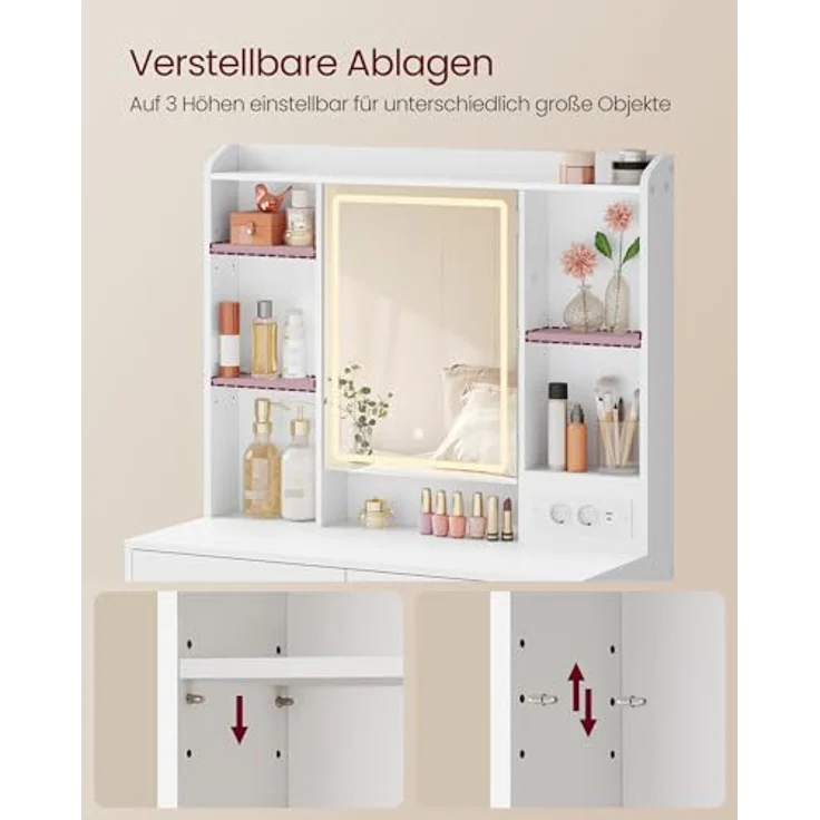 VASAGLE Schminktisch mit Beleuchtung und Hocker Set | Kosmetiktisch mit Spiegel und 2 Schubladen, Steckdosen, Gepolsterter Hocker, für Schlafzimmer, Weiß RDT143WB01-01 – Bild 7