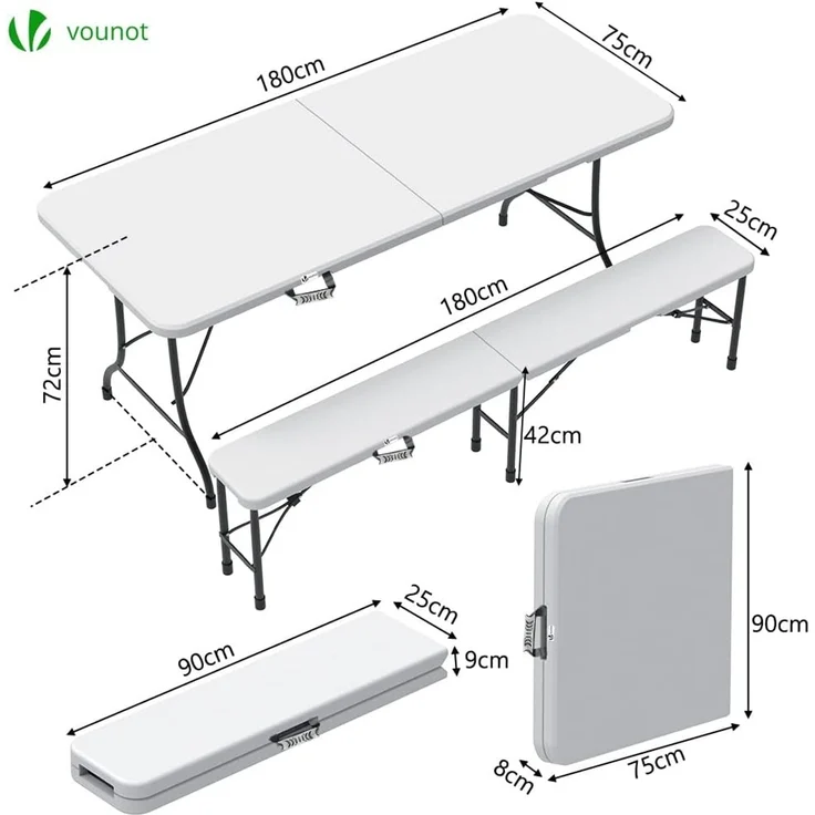 VOUNOT Bierzeltgarnitur Klappbar 3-teilig Set, 1 Biertisch & 2 Bierbänke, Festzeltgarnitur 180 x 75 x 72 cm Gartengarnitur Campingset Klapptisch, Weiß – Bild 2
