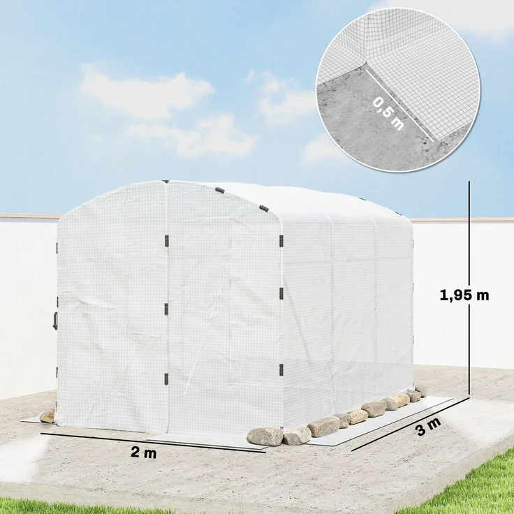 Wohnora-6 m² großes Gartentunnelgewächshaus, 300 x 200 x 195 cm, PE-Folie (220 g/m²), 50 cm breiter Rand mit Tür, weiß,H 1950cm x T 1430cm x B 2000cm – Bild 4