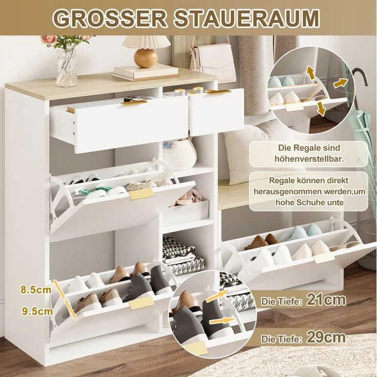 CHICFURN Schrank 130x174x30 cm, 4-tlg. Garderoben-Set mit Schuhschrank und Sitzbank Natur+Weiß – Bild 4