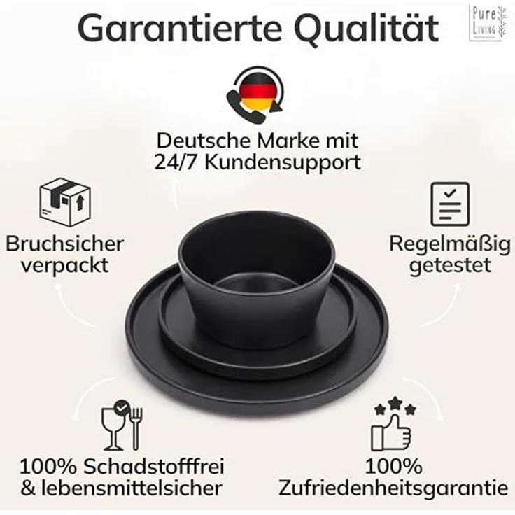 Steingut Geschirrset 12 Pers. Manhattan 36-tlg Hochwertiges Urban Style TEST SEHR GUT Steingut Geschirr Set- Schüssel- und Teller Set- Tafelservice 12 Personen Geschirrsets Pure Living in matt schwarz – Bild 7