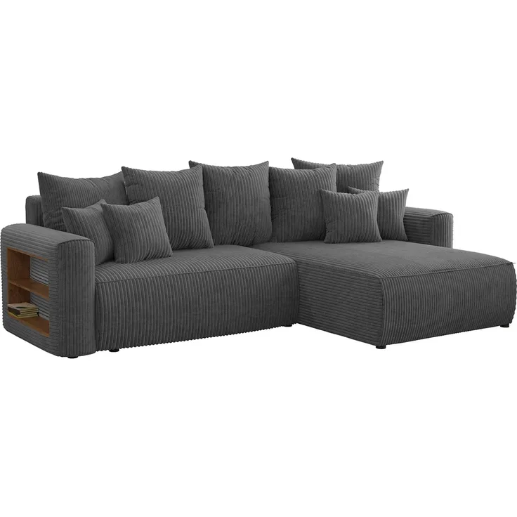 MEBLINI Schlafcouch mit Bettkasten - 260 x 160 x 78 cm - Dunkelgrau Cordstoff - NAPLES - Kleines Ecksofa mit Schlaffunktion - Sofa mit Relaxfunktion und Kissen - Kleine Couch L-Form - Eckcouch