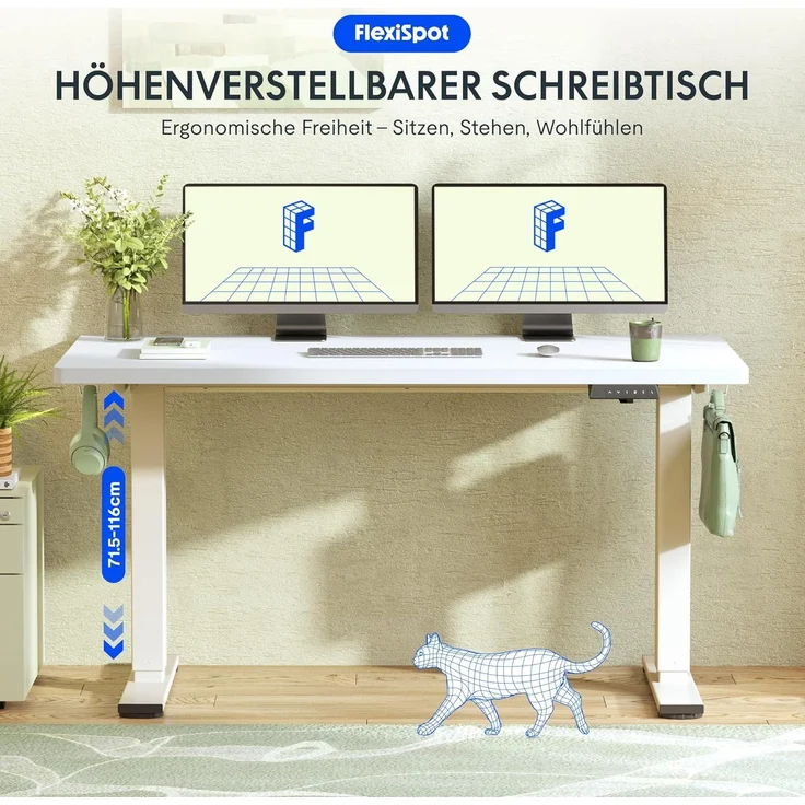 FLEXISPOT Höhenverstellbarer Schreibtisch 140×80cm, mit Haken und 25mm EINTEILIGER Tischplatte, ergonomischer Schreibtisch mit LED-Höhenanzeige und Memory-Funktion (Weiß, Mousseweiß) – Bild 2
