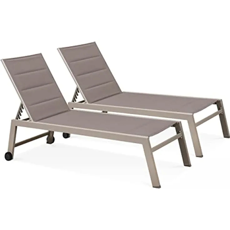 Oviala Nouméa 2er-Set Sonnenliege, Holz und Textilene in Taupe, 5-fach neigbare Rückenlehne, stapelbar, wartungsarm