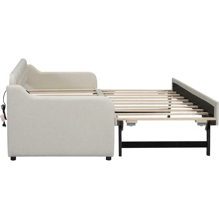 Schlafsofa 90x200 cm Tagesbett ausziehbar mit Rollbett,USB-Anschluss,mit Schlafgelegenheit, multifunktionales Gästebett,Beige – Bild 7