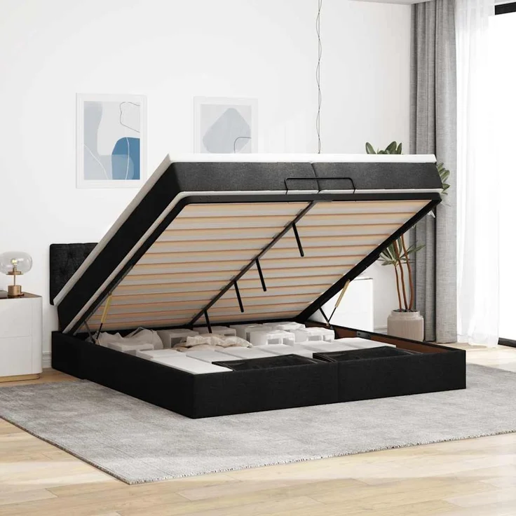 vidaXL Ottoman-Bett mit Matratzen & LEDs Schwarz 200x200 cm Stoff 3312418 – Bild 1
