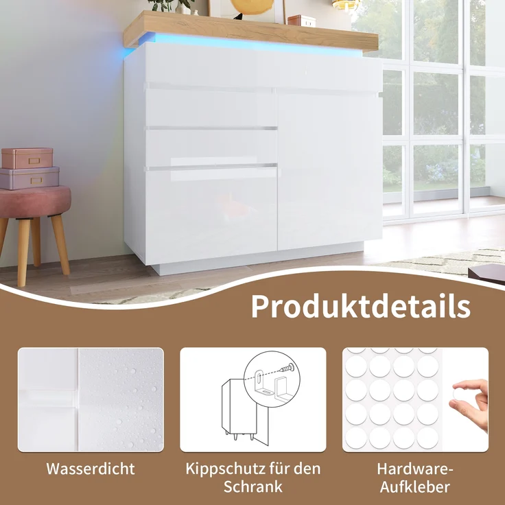 Sideboard Hochglanz mit LED (App/Touch), 2 Türen & 3 Schubladen, 110x39x115 cm, Weiß – Bild 4